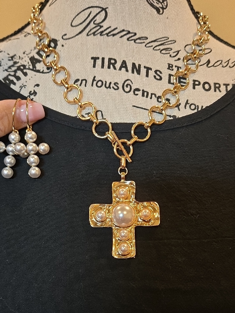 Set Gold Pearl Cross Toggle Necklace and Pearl Earrings- Designer Look 4 Less
